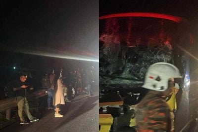 Sebuah bas ekspres melanggar belakang treler di Lebuhraya PLUS arah utara berhampiran Rembau. Foto JBPM Negeri Sembilan