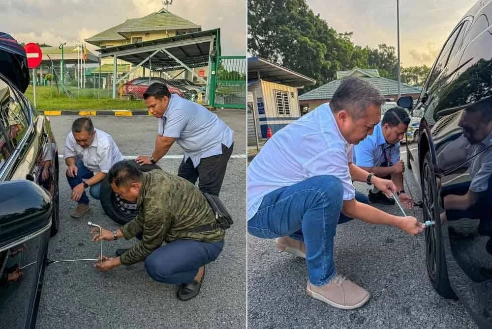 Sze Han (kiri) mengalami detik cemas apabila tayar kereta yang dinaikinya bersama pemandu bocor ketika dalam perjalanan ke Melaka.