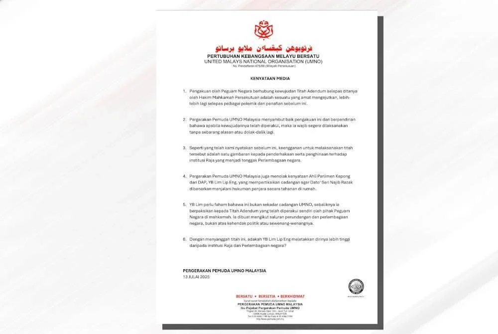 Kenyataan Pemuda UMNO yang dimuat naik di Facebook pada Ahad.