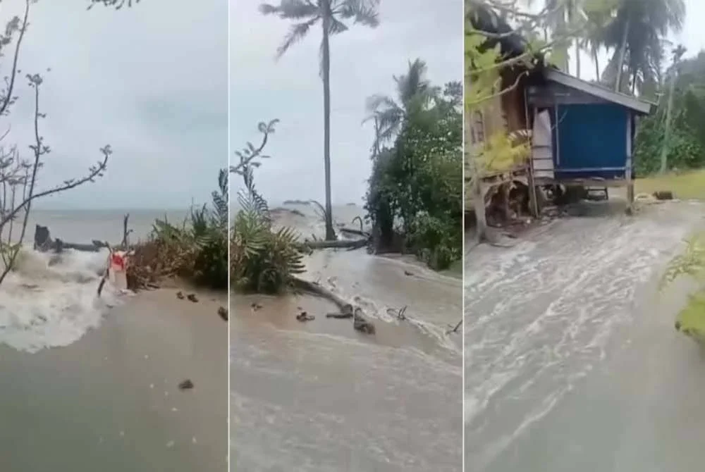 Tangkap layar memaparkan kejadian ombak besar di Kampung Huma di Tanjung Dawai.