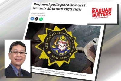 Laporan Sinar Harian mengenai seorang pegawai polis percubaan ditahan reman tiga hari bermula kerana disyaki meminta dan menerima rasuah. Gambar kecil: Badlishah