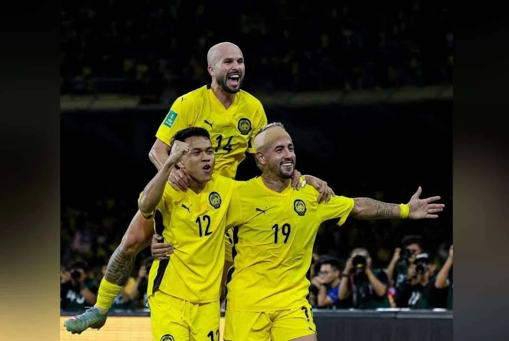 Joao Figueiredo (tengah), Arif Aiman Hanapi dan Rodrigo Holgado dijangka disenaraikan dalam skuad Harimau Malaya ke CAFA 2025 bulan depan. Foto Malaysia NT