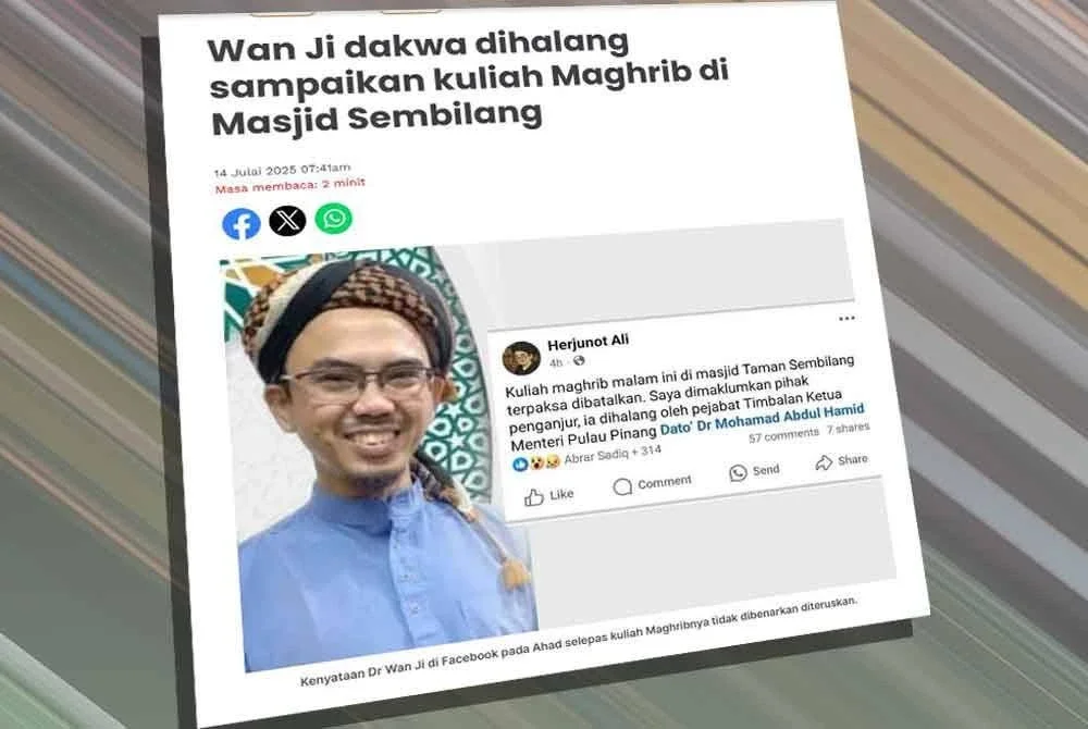 Laporan Sinar Harian pada Isnin mengenai Wan Ji dakwa dihalang sampaikan kuliah Maghrib di Masjid Sembilang