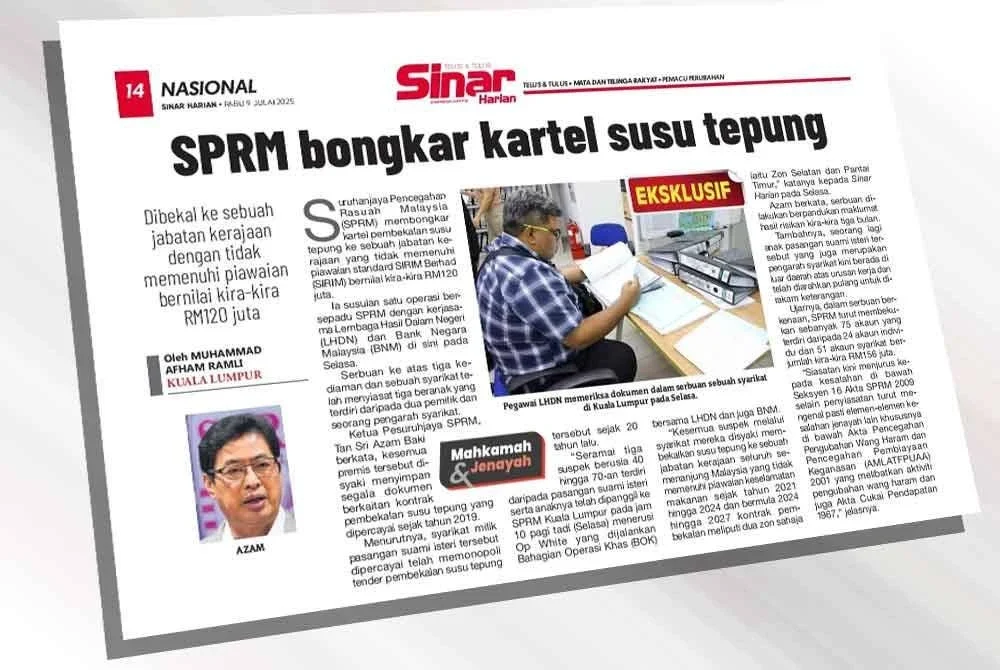 Laporan Sinar Harian minggu lepas mendedahkan syarikat milik pasangan suami isteri tersebut dipercayai telah memonopoli tender pembekalan susu tepung tersebut sejak 20 tahun lalu.