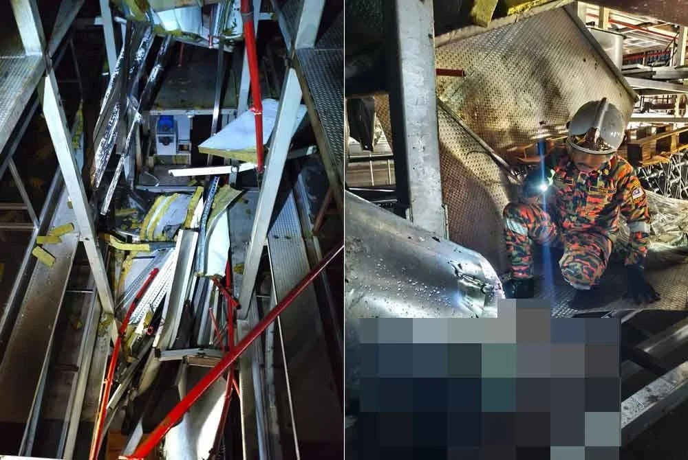 Enam orang pekerja terperangkap selepas rak penyimpanan setinggi 17 tingkat runtuh dan menghempap mereka.