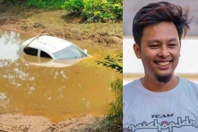 Kereta mangsa ditemui di Sungai Kampung Tui, Bukit Kepong. Foto kanan: Tengku Nizaruddin