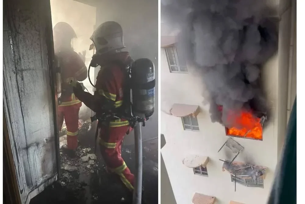 Anggota bomba memadamkan kebakaran bilik di kuarters kerajaan di Presint 11 Putrajaya. (Kanan: Keadaan sebuah bilik selepas rak baju terbakar dalam kejadian di kuarters kerajaan di Presint 11 Putrajaya pada Jumaat.)