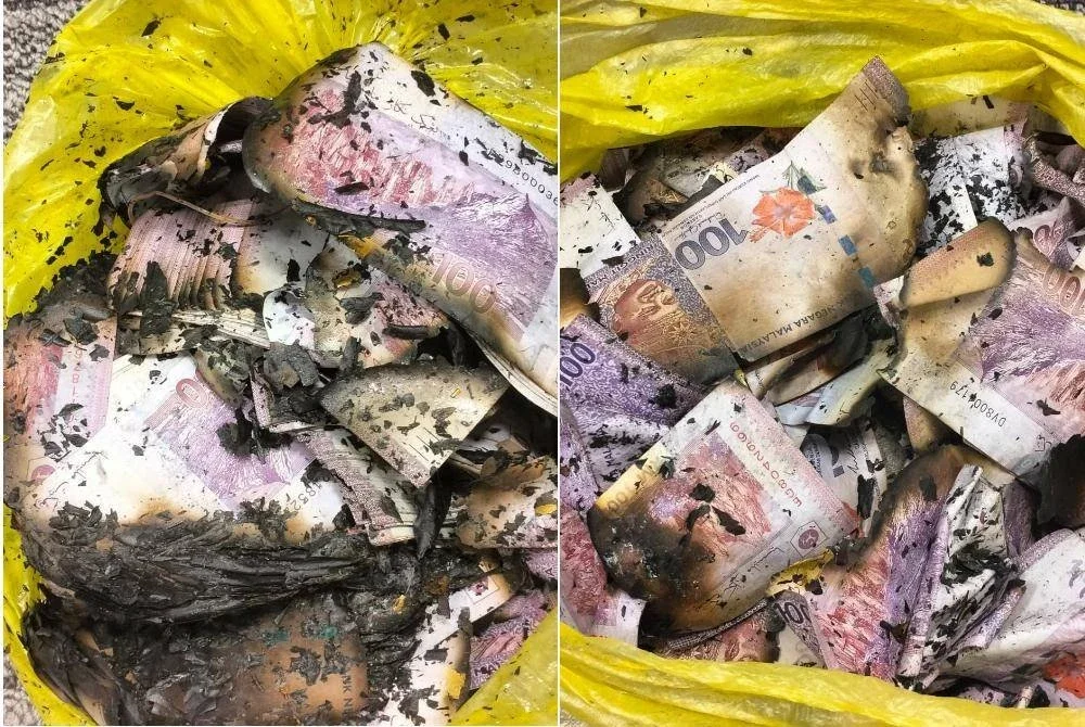 Keadaan wang tunai RM100 berjumlah hampir RM1 juta yang dibakar suspek selepas dikejutkan dengan serbuan SPRM di kediamannya di Petaling Jaya pada Khamis.