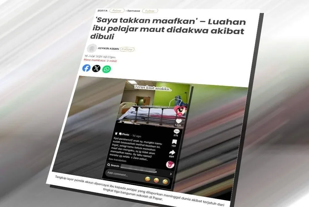 Laporan Sinar Harian mengenai luahan seorang ibu pelajar maut didakwa akibat dibuli.