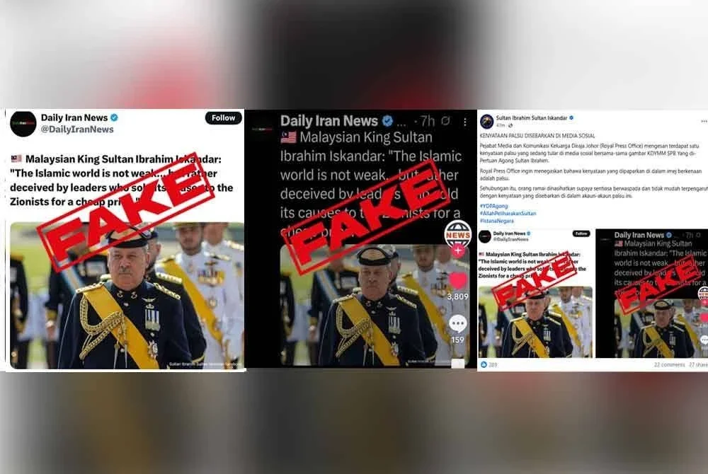 Royal Press Office mengesan terdapat satu kenyataan palsu yang sedang tular di media sosial bersama gambar Yang di-Pertuan Agong, Sultan Ibrahim.