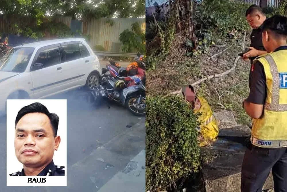 Seorang lelaki warga Pakistan yang memandu di bawah pengarah alkohol bertindak nekad melarikan diri dengan memanjat pagar dan terjun dari tembok setinggi dua meter selepas terlibat dalam nahas di sebuah restoran di Jalan Riang Utama pada Sabtu. - Foto IPD Johor Bahru Selatan