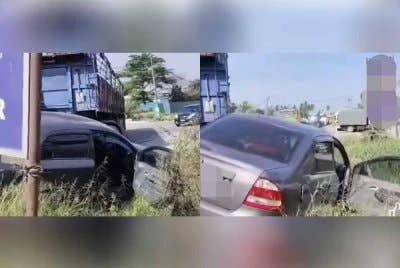 Tangkap layar video tular memaparkan sebuah kenderaan dipercayai dipandu seorang kanak-kanak didapati terbabas dalam longkang.