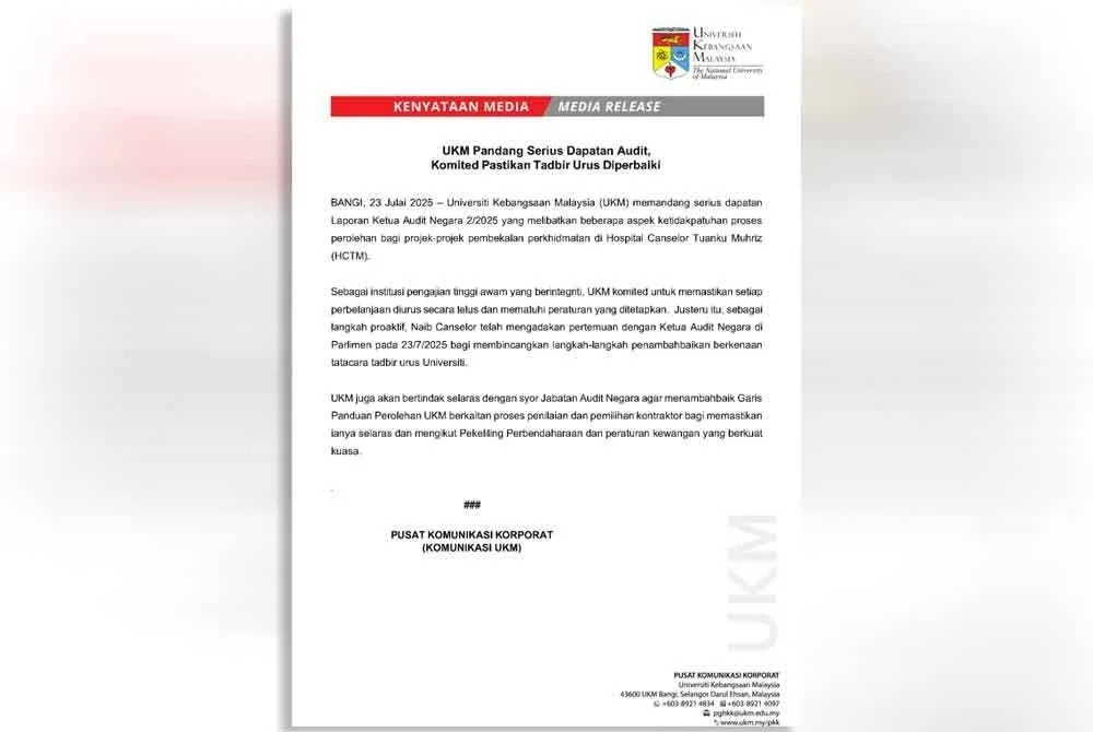 Kenyataan media Pusat Komunikasi Korporat UKM pada Rabu.