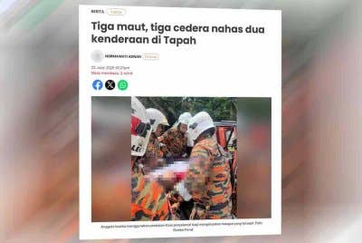 Laporan Sinar Harian pada Selasa mengenai tiga warga emas maut kemalangan di Tapah.