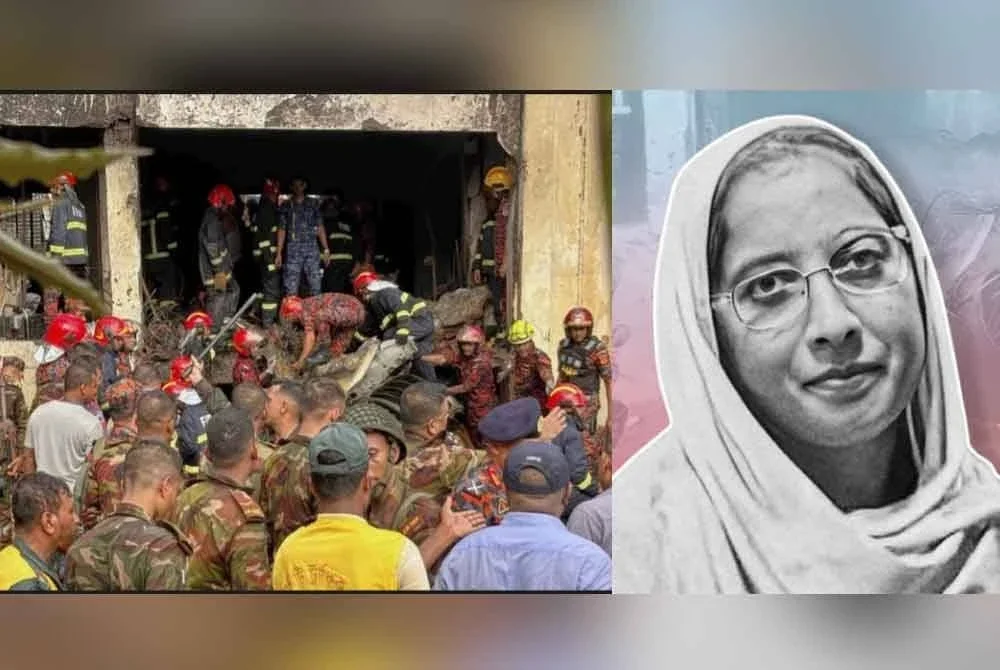 Petugas sedang memadamkan kebakaran di sebuah sekolah di Dhaka akibat nahas jet pejuang. Maherin Chowdhury (kanan).