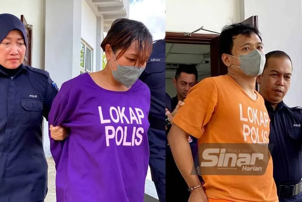 Pasangan suami isteri didakwa di Mahkamah Majistret Kuala Krai pada Khamis atas dua pertuduhan mengedar ganja 67.75 kg dan memiliki methampitamine seberat 15.10 gram di tepi jalan Padang Sembilan di Kuala Krai pada 11 Julai lalu. Foto: Sinar Harian HAZELEN LIANA KAMARUDIN