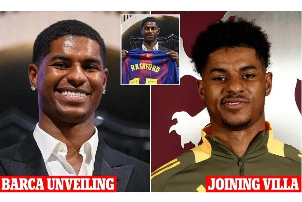 Perbezaan ekspresi Rashford ketika diumumkan sebagai pemain Villa (kanan) dan pemain Barcelona. Foto Agensi