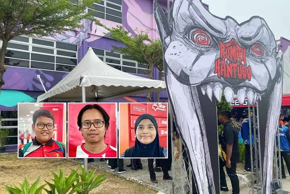 Pengunjung kelihatan beratur untuk merasai sendiri pengalaman masuk 'Rumah Hantu' sempena Karnival Siang Malam Karangkraf 2025 yang membuka tirai pada Jumaat. Foto kecil : Dari kiri Ahmad Wafiuddin, Muhamad Khair, Shakila.