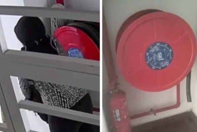 Tular video yang merakam perbuatan pasangan kekasih itu mencuri nozel paip bomba di sebuah pangsapuri.