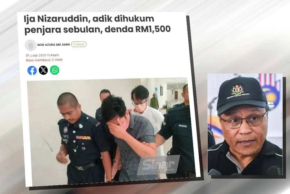 Laporan Sinar Harian mengenai hukuman yang dikenakan terhadap seorang pempengaruh permotoran dan adiknya oleh Mahkamah Majistret. (Gambar kecil: Mohd Dusuki )