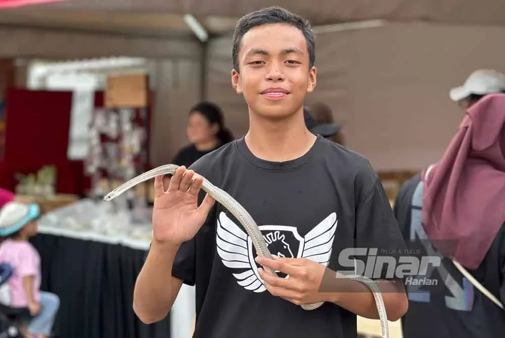 Seorang pengunjung teruja dapat bermain dan bergambar dengan ular yang jinak.