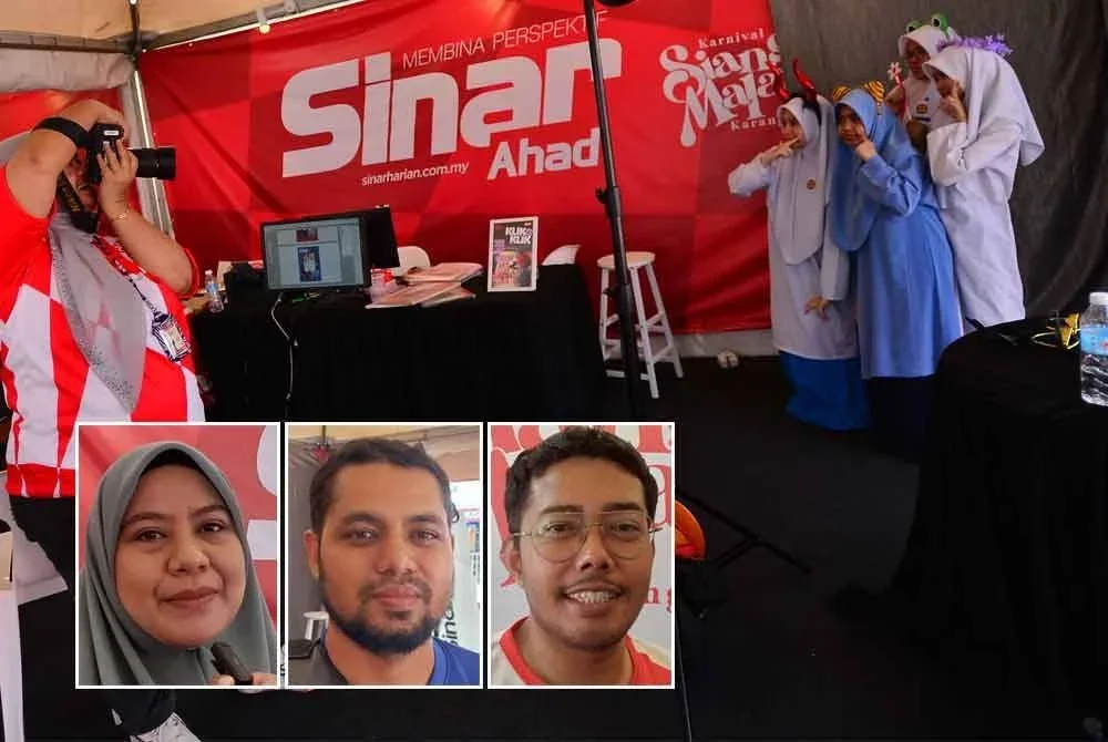 Pengunjung Karnival Siang Malam Karangkraf berpeluang bergambar di kiosk foto di reruai Sinar Harian. Gambar kecil dari kiri: Nur Azyan, Syed Mohd Zulfazli, Nurul Riduan