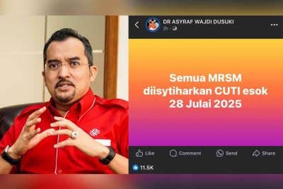 Asyraf Wajdi menerusi hantaran di Facebook memaklumkan semua MRSM di seluruh negara diisytiharkan cuti pada Isnin.