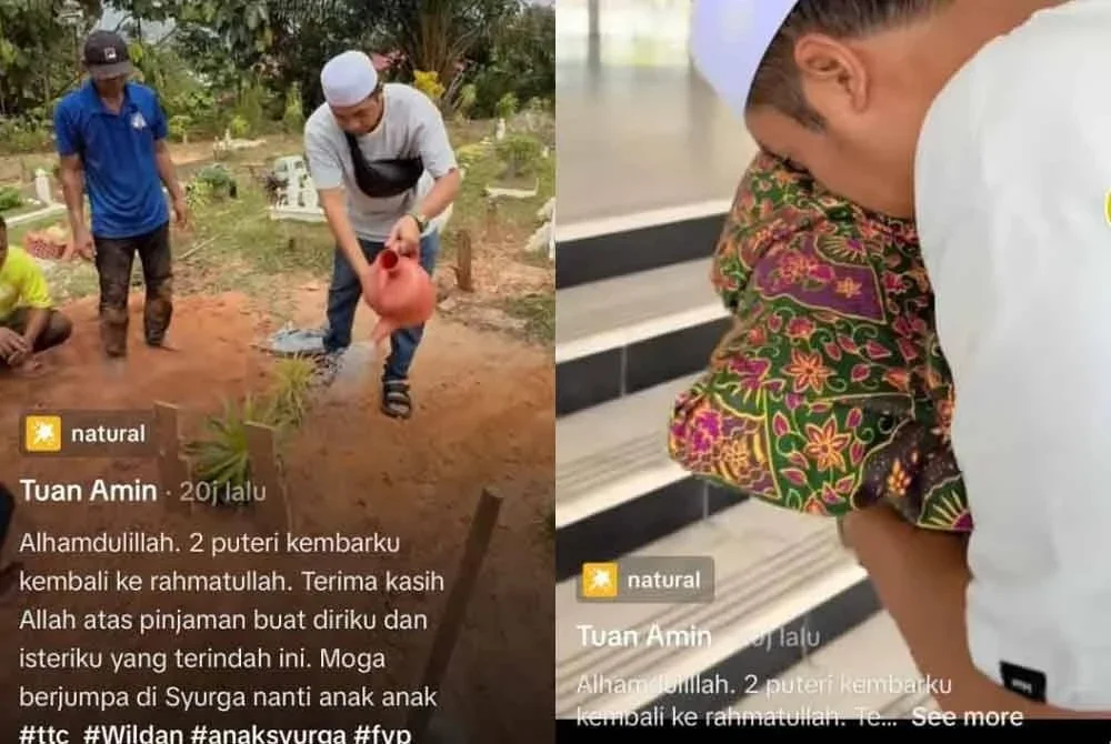 Tangkap layar menunjukkan seorang lelaki berada di tanah perkuburan selepas selesai urusan pengebumian puteri kembarnya.