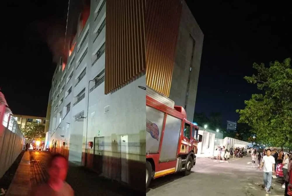 Tngkat lima kondominium 25 tingkat terbakar pada awal pagi Selasa. Foto kanan: Penghuni terdiri pelancong asing dan tempatan cemas lalu keluar dari bangunan kondominium susulan kebakaran di tingkat lima bangunan tersebut.