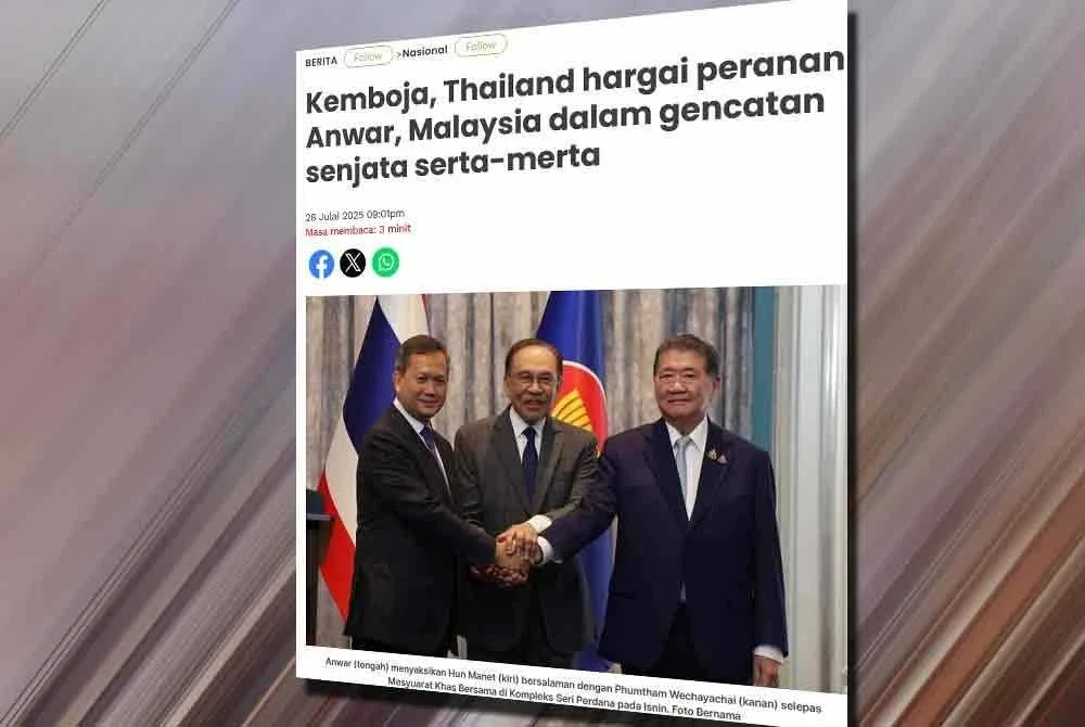 Laporan Sinar Harian pada Isnin mengenai Kemboja dan Thailand hargai peranan Anwar dan Malaysia dalam gencatan senjata serta-merta.
