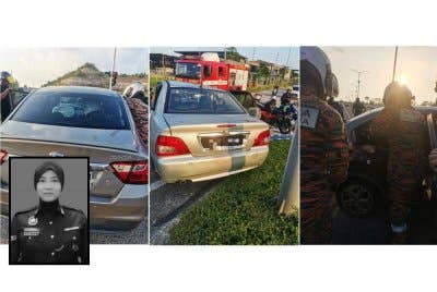Seorang anggota polis wanita yang dalam perjalanan ke tempat kerja maut selepas terbabit dalam kemalangan dua kenderaan di Kilometer 28, Jalan Gelang Patah - Pendas, pada pagi Selasa. Foto JBPM Johor