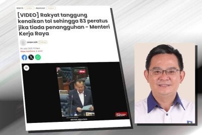 Laporan Sinar Harian pada Selasa mengenai rakyat tanggung kenaikan tol sehingga 90 peratus jika tiada penangguhan. (Gambar kecil: Lawrence)