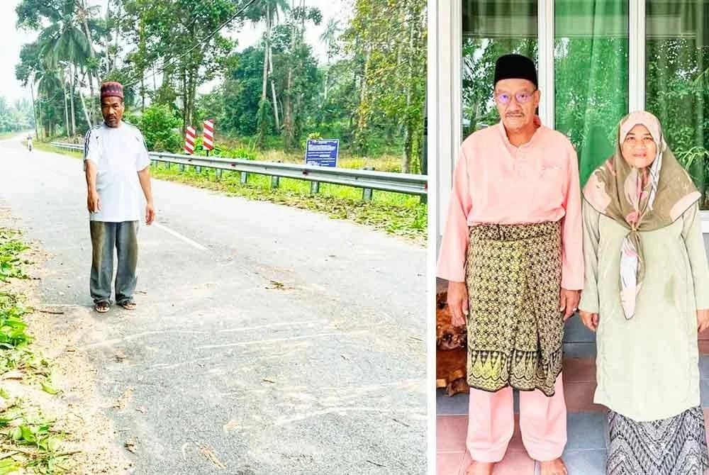 Mohamed Zainudin menunjukkan lokasi kejadian yang meragut nyawa abangnya. Gambar kanan; Allahyarham Kamar bersama isterinya, Saipan. Foto ihsan Mohamed Zainudin