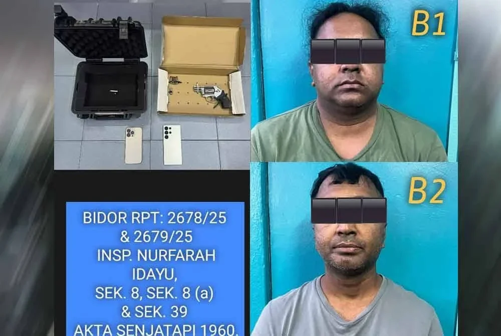 Dua beradik ditahan bagi membantu siasatan selepas menemui sepucuk pistol bawah tilam. Foto: PDRM