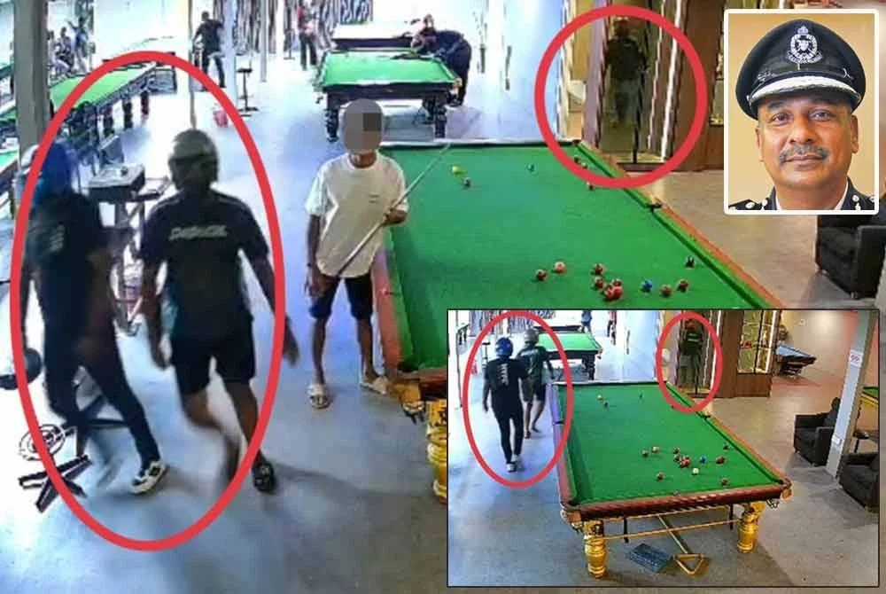 Tangkap layar rakaman CCTV suspek melakukan samun di sebuah premis snuker di Kapar. Gambar kecil: Vijaya Rao.
