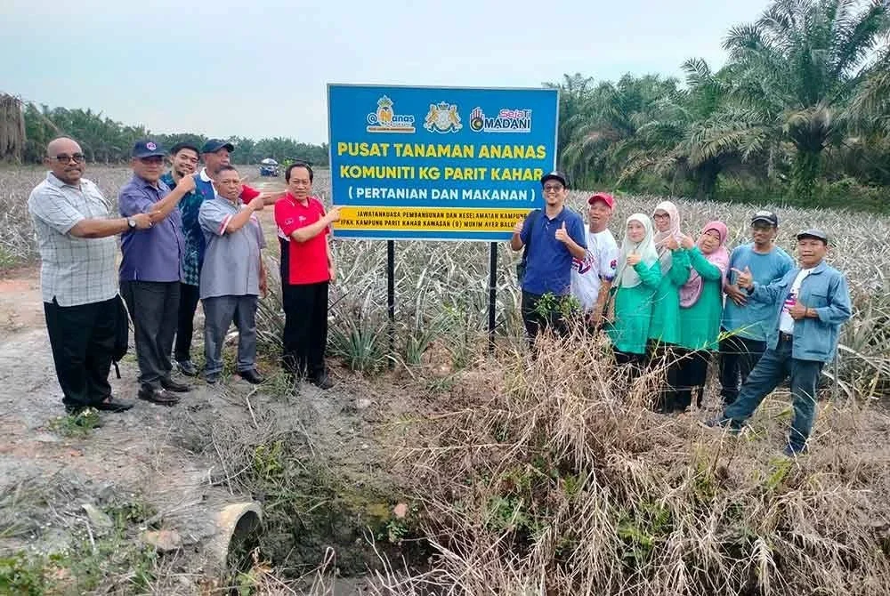 Ahmad (empat dari kiri) melawat projek Sejati Madani tanaman nanas di Kampung Parit Kahar, Ayer Balo, Pontian.