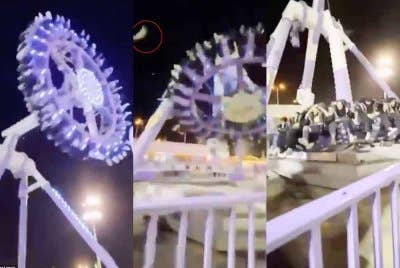 Sebuah permainan taman tema yang membawa puluhan pengunjung di Arab Saudi runtuh ketika berada di udara.