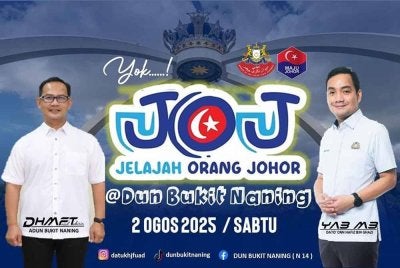 Mohd Fuad (kiri) dan Onn Hafiz mengajak orang ramai menyertai Program JOJ DUN Bukit Naning 2025 yang dijadual berlangsung di Kompleks Penghulu Mukim Ayer Hitam esok.