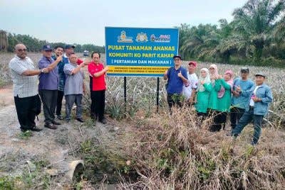 Ahmad (empat dari kiri) melawat projek Sejati Madani tanaman nanas di Kampung Parit Kahar, Ayer Balo, Pontian.