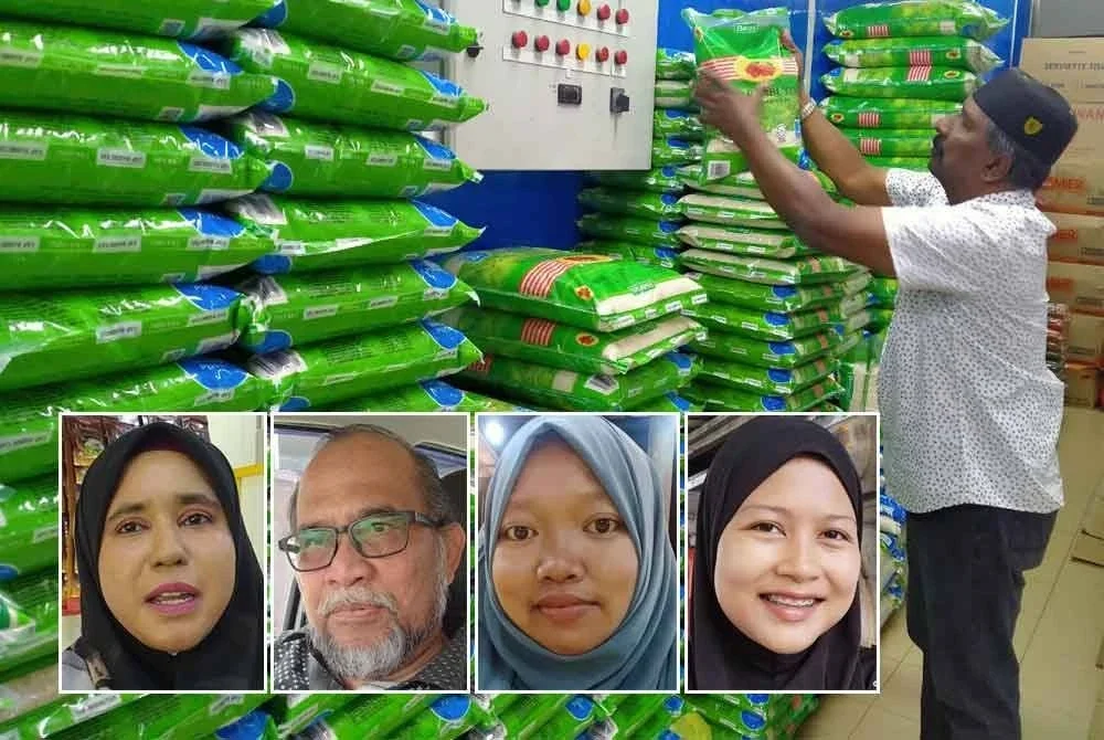 Beras import menjadi pilihan orang ramai yang membeli di kedai Fauziah. Gambar kecil dari kiri: Fauziah, Ramli, Siti Norain, Idayu