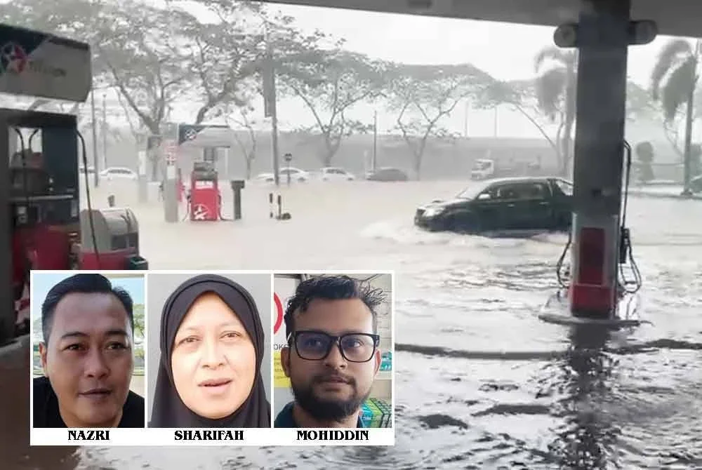 Keadaan di sebuah stesen minyak yang dinaiki air susulan hujan lebat pada Jumaat