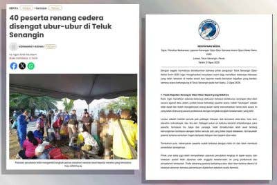 Sinar Harian pada Sabtu melaporkan sekurang-kurangnya 40 peserta program Teluk Senangin Open Water Swim 2025 cedera akibat disengat ubur-ubur.