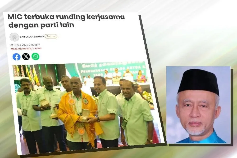 Laporan Sinar Harian mengenai MIC yang secara terbuka menyatakan kesediaan untuk membuka ruang perbincangan dengan mana-mana parti lain kelangsungan parti berkenaan. (Gambar kecil: Mustapha)