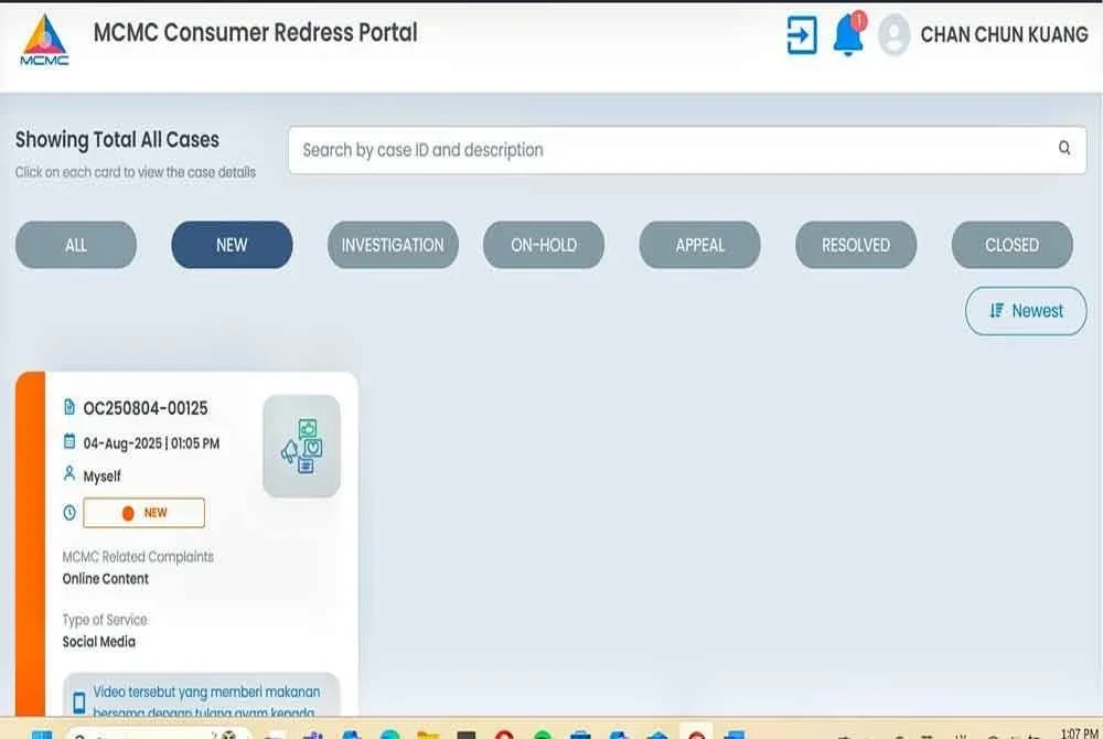 Aduan Chun Kuang kepada SKMM bagi mengambil tindakan segera terhadap video didakwa hina gelandangan. Foto Ihsan Chun Kuang.