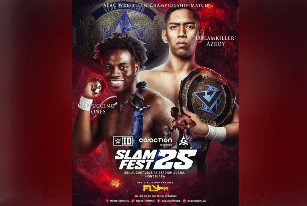 Azroy (kanan) bakal membuat perhitungan dengan Jones dalam pertarungan bersejarah Slamfest 2025 di Bukit Kiara akhir bulan ini. Foto FB Apac Wresling.