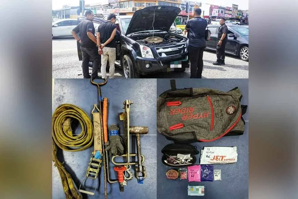 Kenderaan yang dipandu suspek terbabas di persimpangan lampu isyarat Jalan Tengku Ismail. Antara barangan yang dirampas daripada suspek. -Foto ihsan PDRM