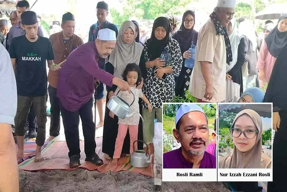 Rosli menyiram pusara anak dan menantunya selepas jenazah pasangan suami isteri itu selamat dikebumikan di Tanah Perkuburan Islam Kampung Jambu di sini pada Selasa.