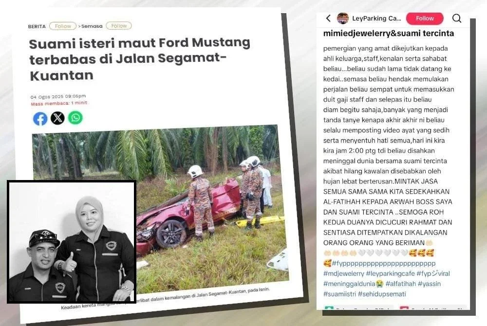 Laporan Sinar Harian berhubung suami isteri maut Ford Mustang terbabas di Jalan Segamat-Kuantan.