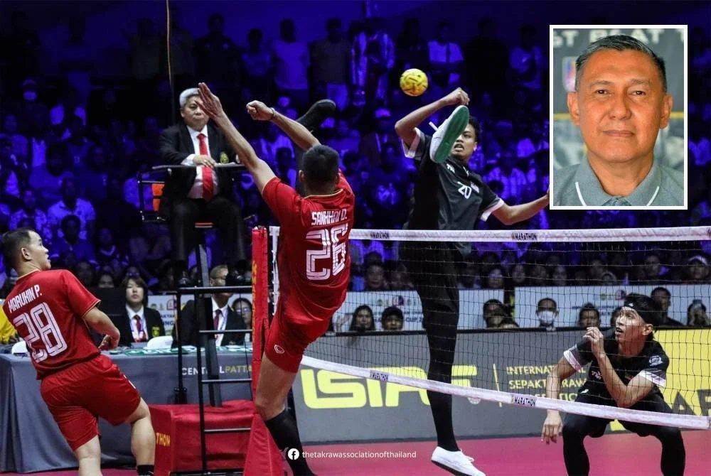 Aksi pertembungan Malaysia dan Thailand dalam perlawanan akhir acara regu berpasukan di Piala Raja Thai baru-baru ini. Foto Persekutuan Sepaktakraw Thailand (Gambar kecil: Mohd Sadek)