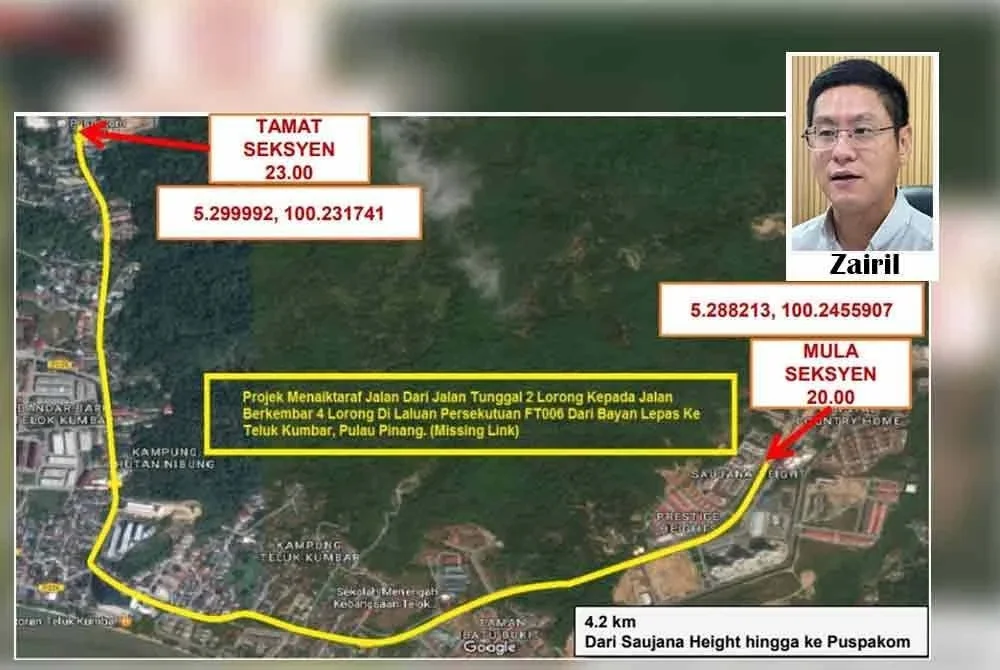 Pelan projek naik taraf Jalan Teluk Kumbar sepanjang 4.2 kilometer. Gambar kecil: Zairil